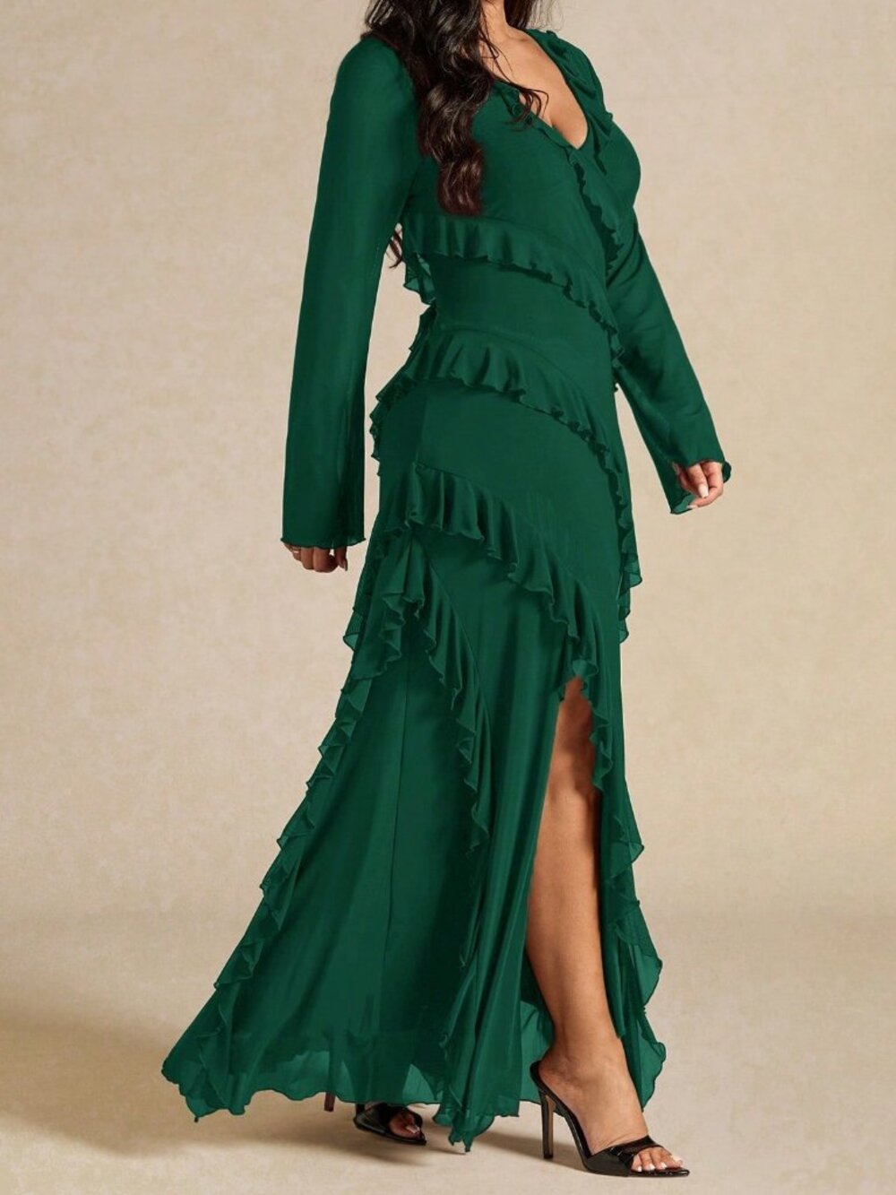 Dark Green Elegant Women's V-Neck Ruffle Hem Long Sleeve Maxi Dress - Picture 3 of 5